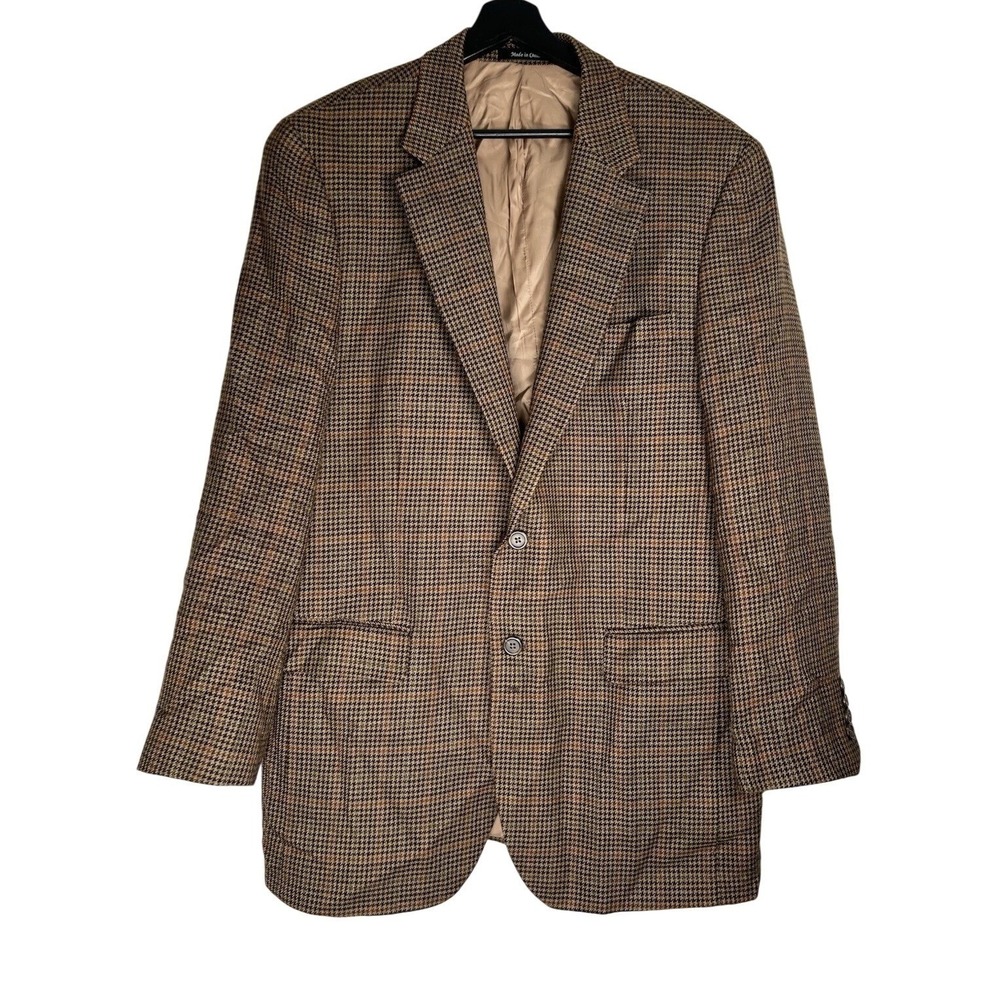 Lauren Ralph Lauren‎ Mens 42L Wool Blazer Brown Houndstooth Check Sport Coat